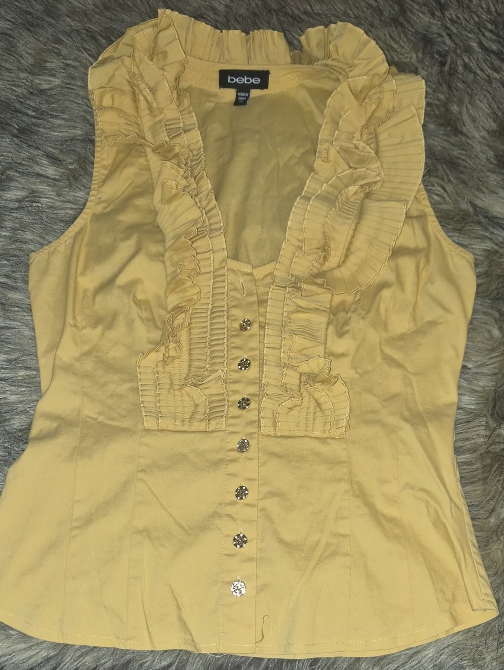 bebe Yellow Ruffle-Trim Sleeveless Button Front Blouse